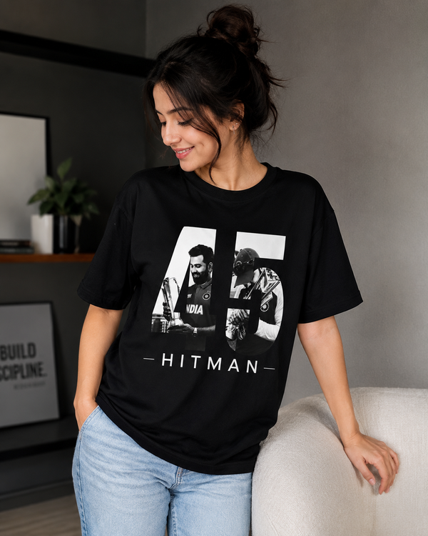 Hitman 45 Oversized Premium Cotton T-Shirt | Cricket Legend Edition | Unisex Black Tee