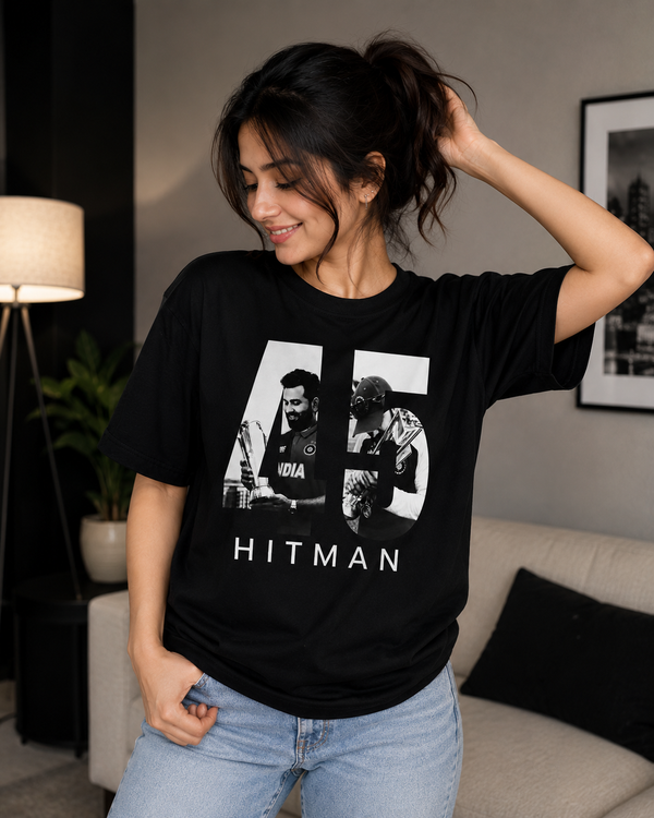 Hitman 45 Oversized Premium Cotton T-Shirt | Cricket Legend Edition | Unisex Black Tee